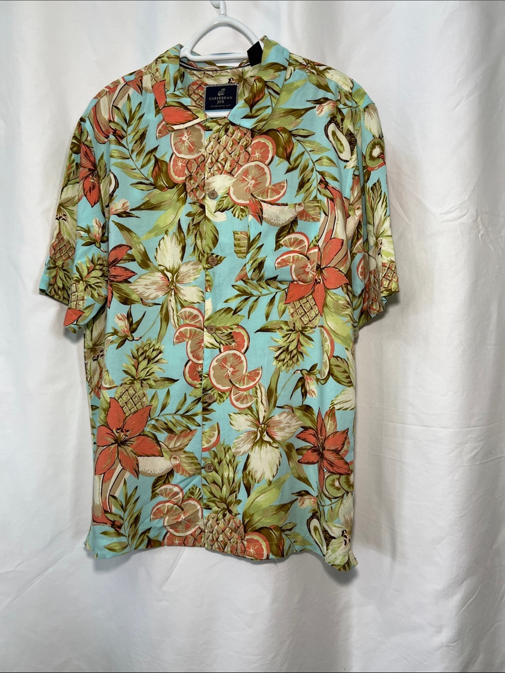 Caribbean Joe Men’s Tropical Floral Button-Down Shirt Aqua and Coral Cruisewear